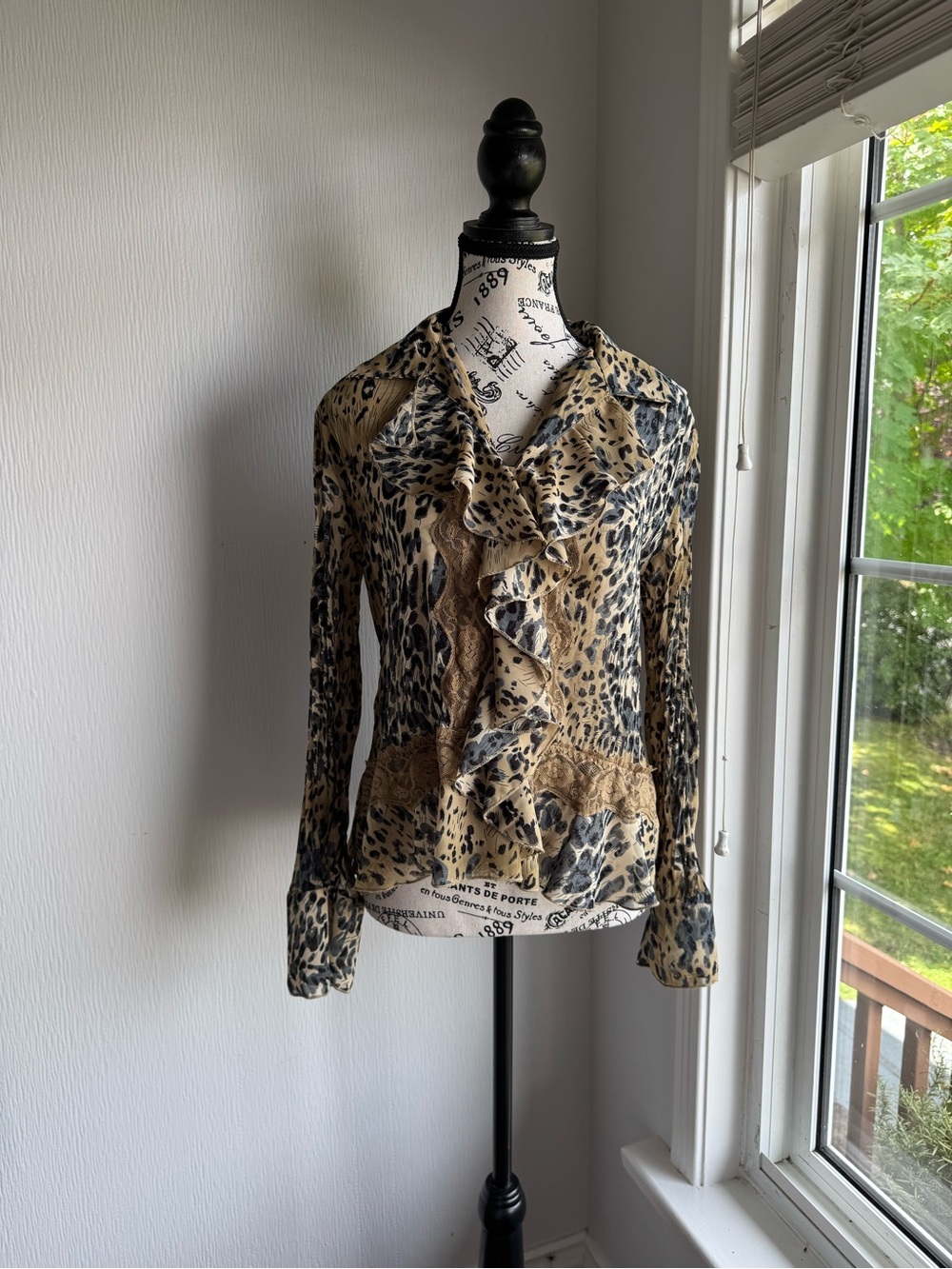 Ruffled Leopard-Print Button Down Blouse - Tan & Black